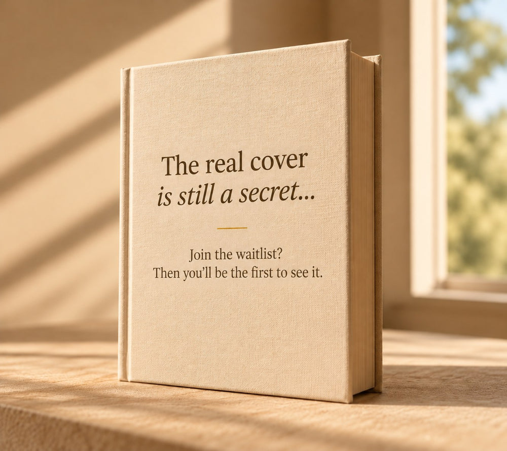 A book on a sunny table. On the cover: The real cover is still a secret… Join the waitlist? Then you'll be the first to see it.