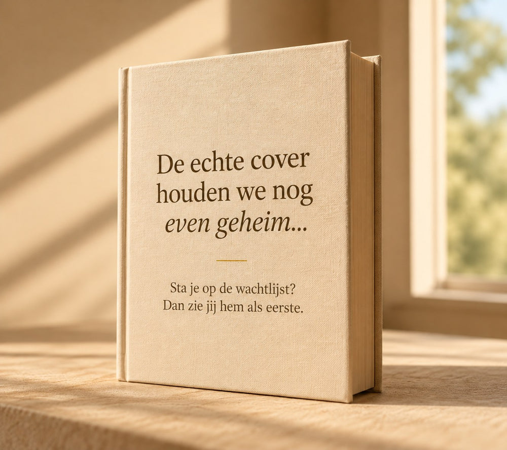 Een boek op een zonnige tafel. Op de cover: De echte cover houden we nog even geheim… Sta je op de wachtlijst? Dan zie jij hem als eerste.